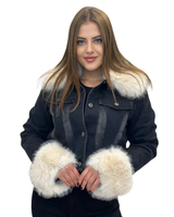 Jacheta din piele de vacă cu guler și manșete din blană sintetică pentru femei®