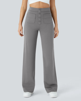 Pantaloni drepți elastici cu talie înaltă, cu nasturi și buzunare, pentru femei