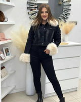Jacheta din piele de vacă cu guler și manșete din blană sintetică pentru femei®