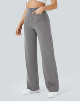 Pantaloni drepți elastici cu talie înaltă, cu nasturi și buzunare, pentru femei