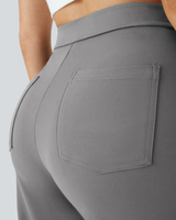 Pantaloni drepți elastici cu talie înaltă, cu nasturi și buzunare, pentru femei