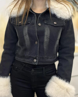 Jacheta din piele de vacă cu guler și manșete din blană sintetică pentru femei®